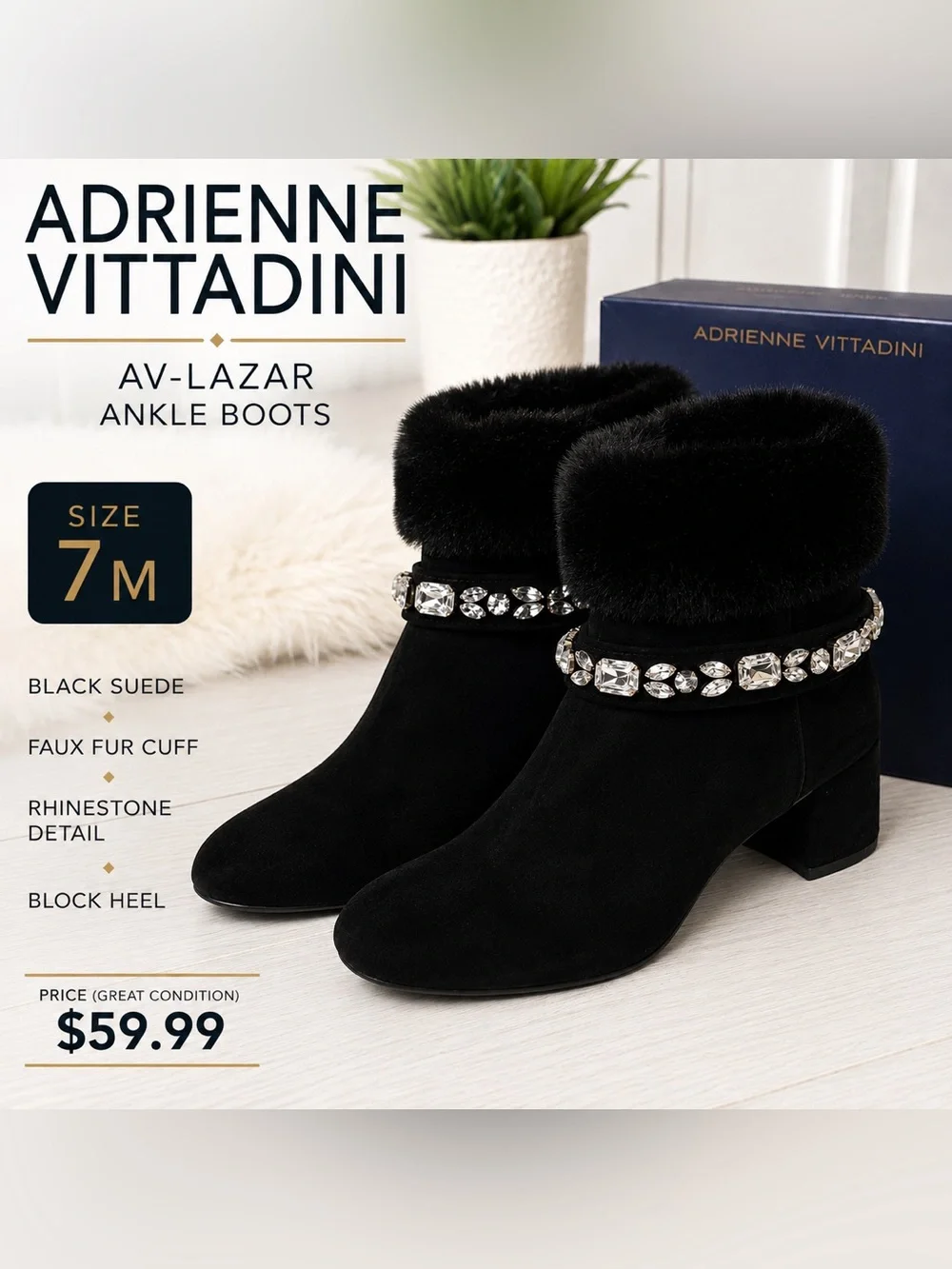 Adrienne Vittadini AV-Lazar Women’s Black Suede Faux Fur Rhinestone ankle boot/7